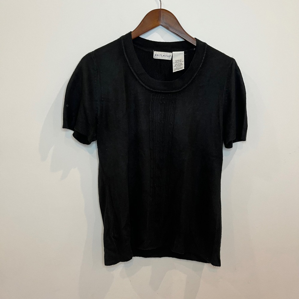 White Stag Womens Black Short Sleeve Cable Knit Sweater Top L 12-14 WS485101P